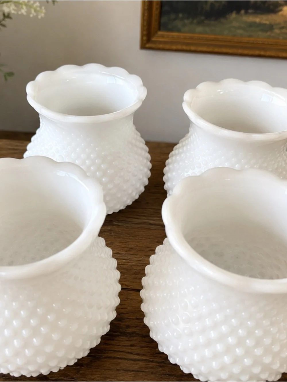 Set of 4 Vintage White Milk Glass Hobnail Lamp Shades Globes Scalloped Rim